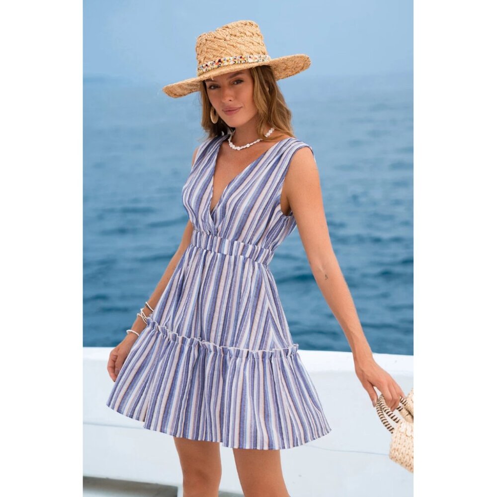 Cupshe Women's Size Small Blue Striped Tiered With Plunging V-Neckline Sundress